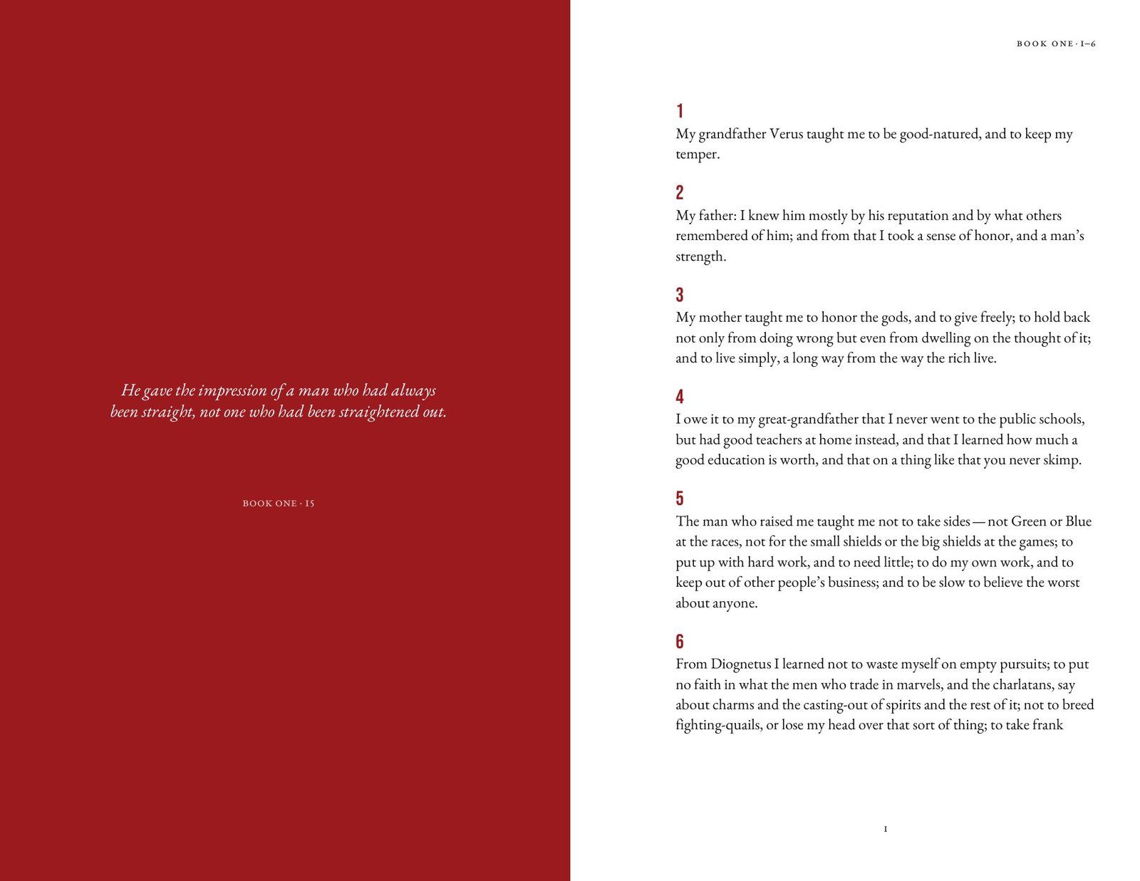 A body spread from Book One with running heads and crimson entry numbers