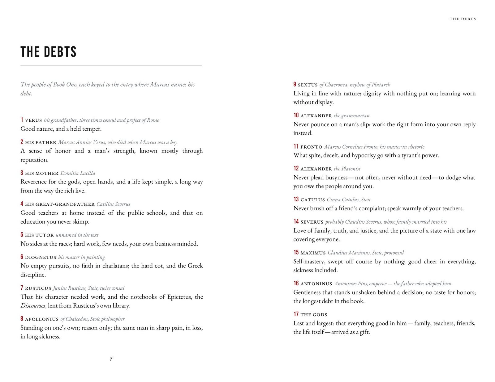 The Debts: the people of Book One in two columns