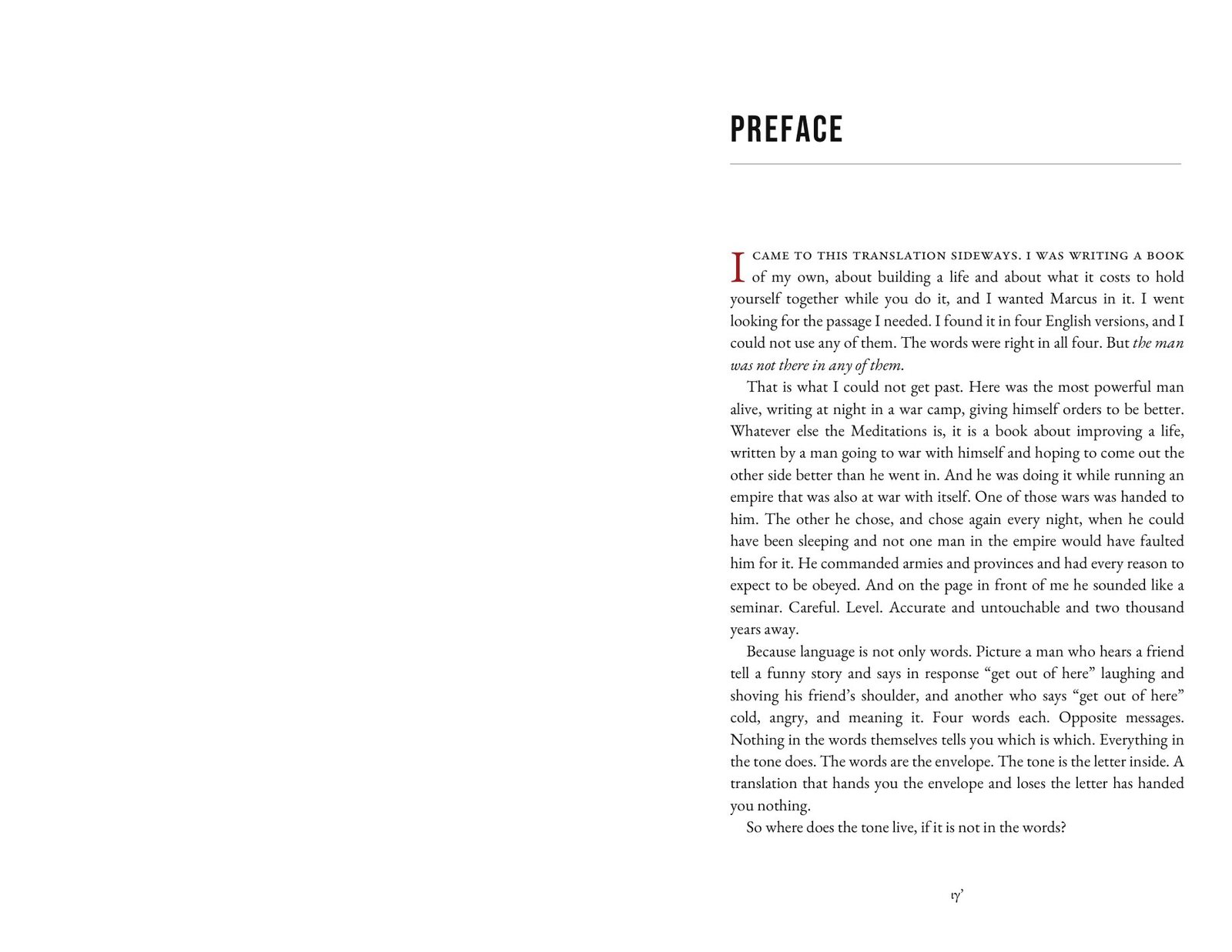 The preface opener: chapter head, crimson drop cap and small-capital lead-in